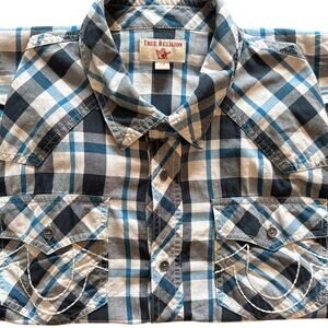 True Religion Men’s Plaid Western Shirt Blue Check Long Sleeve Cotton L